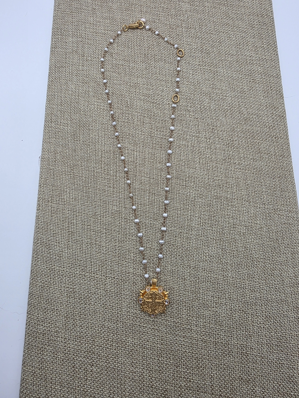 French Kande Gold Medallion Pearl Station Necklace